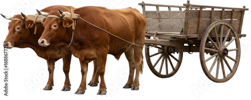 Two brown oxen pulling a wooden cart through a rustic landscape with a clear blue sky