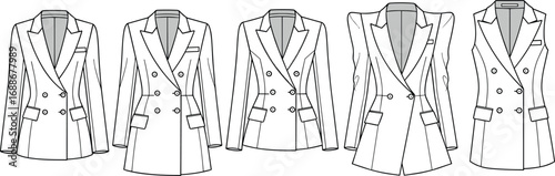 Women’s blazer coat flat sketch, double breasted jacket front view, CAD vector illustration for fashion design, technical template drawing