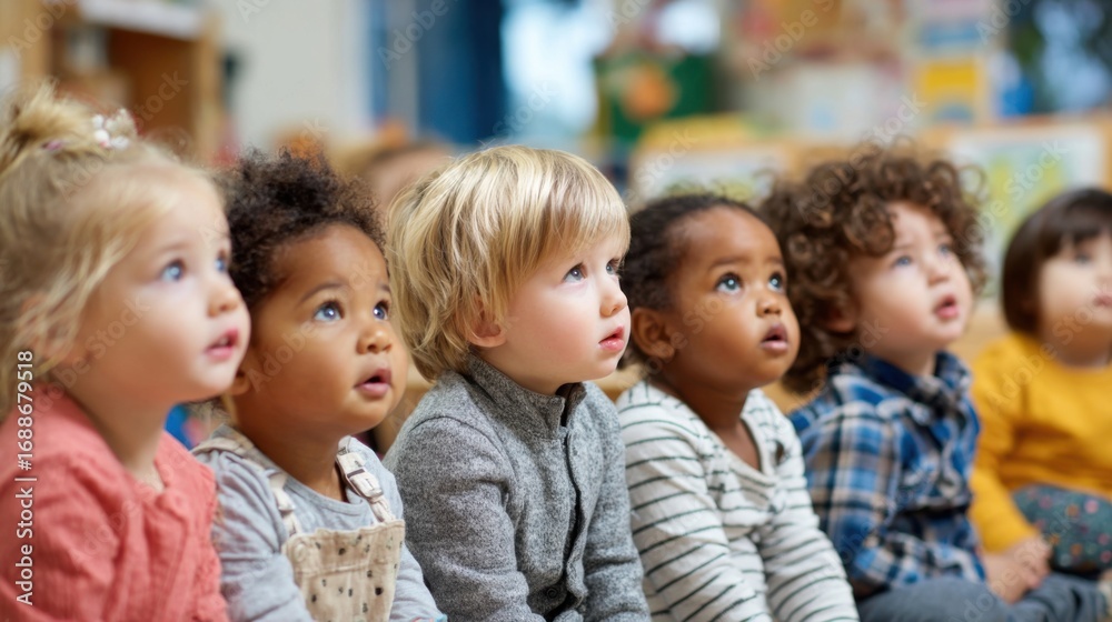Obraz premium A diverse group of children sits in a classroom, captivated by a storytelling session. Their expressions show curiosity and excitement, surrounded by colorful educational materials.