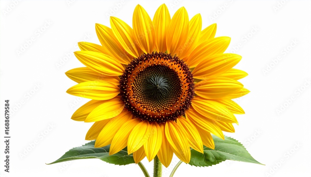 Fototapeta premium Beautiful single yellow sunflower in full bloom with green leaves isolated on a clean white studio background, a symbol of summer and happiness