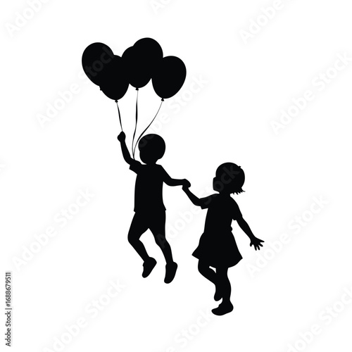 Silhouette of children with balloons on white