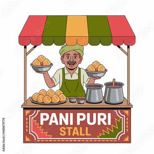 Indian Street Food Vendor Serving Pani Puri Illustraion
