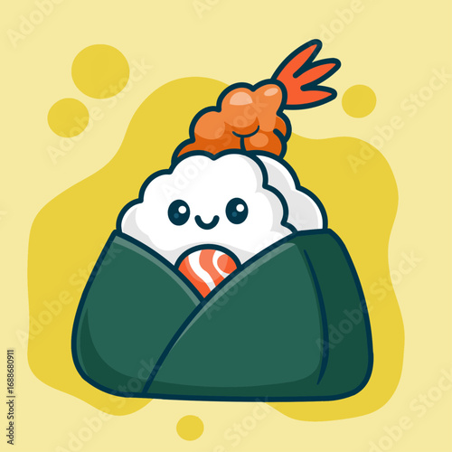 Vector illustration of cute onigiri with salmon and shrimp, delicious Japanese rice ball character, kawaii food design, adorable cartoon style, isolated on white background, perfect for Asian cuisine.