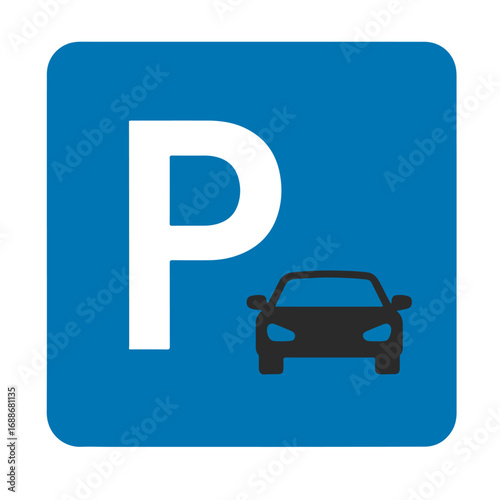 Blue square parking sign icon with a prominent P letter and a car symbol. Vector illustration for traffic, transport, and navigation concepts