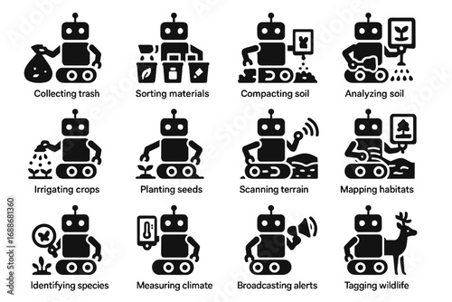 Icon scanning measuring vector materials planting tagging task sorting robot analyzing eco