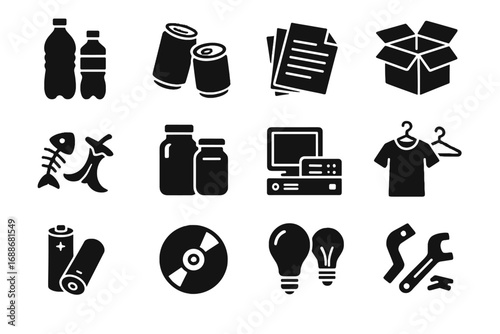 Recycling bulbs sheets food cans icon grid cardboard waste metal vector glass