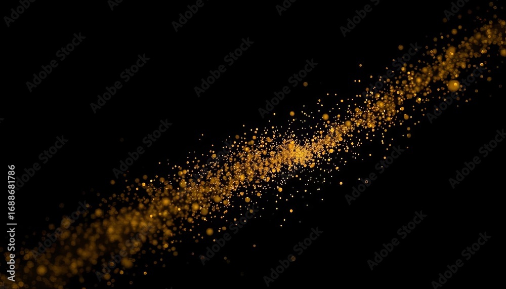 Obraz premium Fine gold dust particles suspended in air against a stark black backdrop, fine, black background