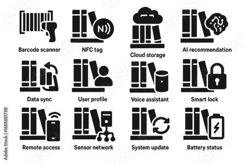 Smart bookshelf icon voice lock vector assistant icons battery tag cloud system