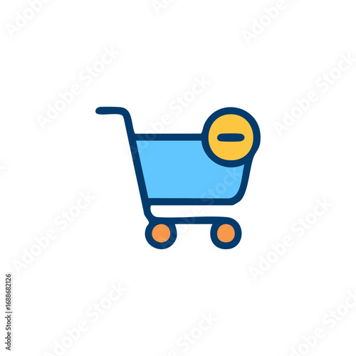 Blue shopping cart icon with a minus symbol inside. Suitable for websites, apps, and platforms to indicate removing items from cart.