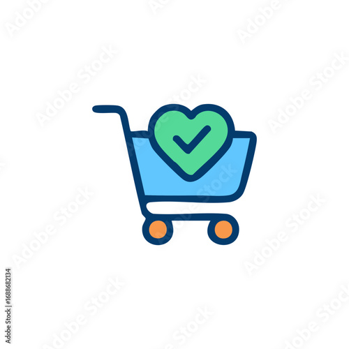 Shopping cart with green heart checkmark symbol. Perfect for online shopping, ecommerce, sales promotions, customer satisfaction concepts for design projects.