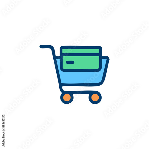 Blue shopping cart with a green credit card suitable for online shopping concepts, ecommerce websites, payment options, and financial transactions.
