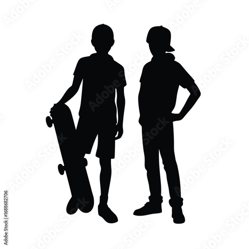 Silhouette of two teenagers with a skateboard