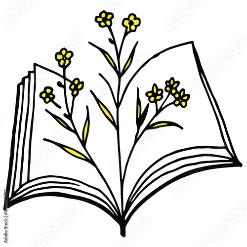 Open Book with Yellow Flowers and Green Leaves Illustration reading literature