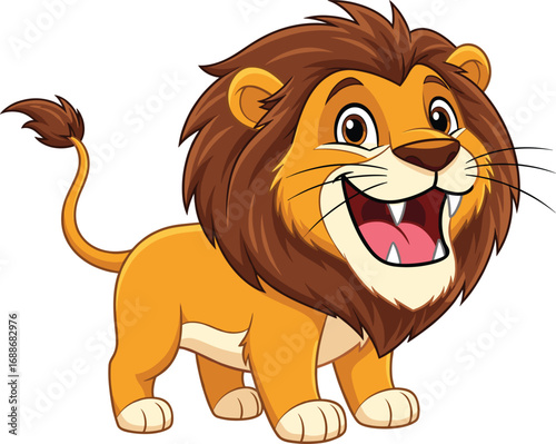 Smiling cartoon lion standing on all fours with big mane, happy jungle animal character vector illustration for kids and safari designs.