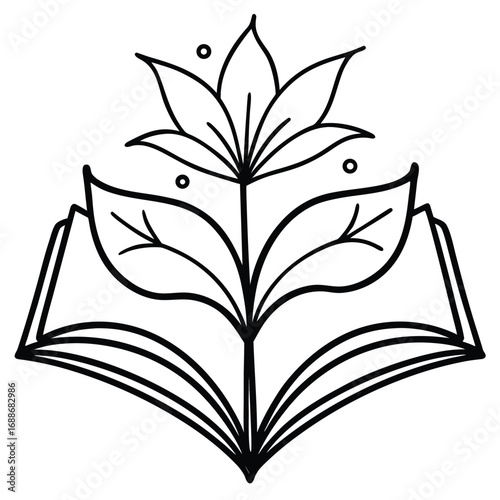 Outline of an open book with a stylized flower and leaves bloom growth