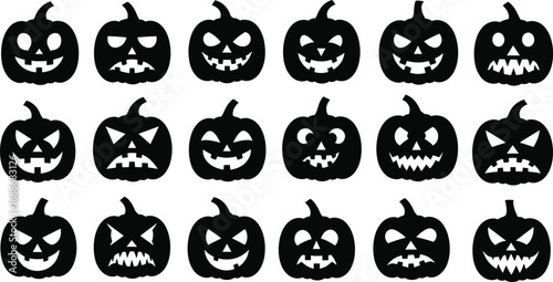 Silhouette Halloween pumpkin faces collection, spooky jack-o’-lantern vector set, scary carved expressions for Halloween decorations and designs
