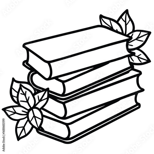 Stack of Books with Leaves in Black and White Outline reading literature