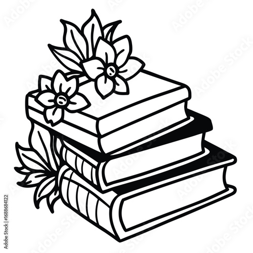 Stack of Books with Flowers in Black and White Outline reading literature