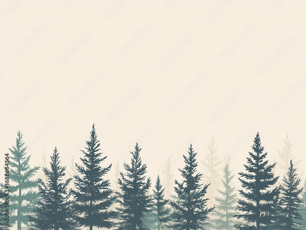 Fototapeta premium Misty Pine Forest Landscape Silhouette with Gradient Sky, Tranquil Nature Scene with Evergreen Trees, Minimalist Outdoor Background for Wallpaper or Design