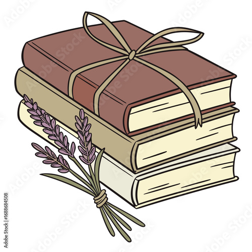 Stack of Three Books Tied with Ribbon and Lavender Bouquet Keywords: books, stack, tied, ribbon, lavender