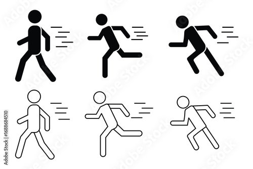 Running icons vector. Set of sports icons. Running man silhouette. Symbol of outline runners person, sprint, athletic, marathon, jogging race, fitness, fast run, run track compition symbol. 