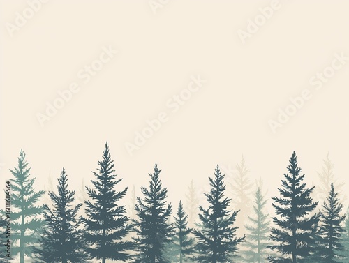 Misty Pine Forest Landscape Silhouette with Gradient Sky, Tranquil Nature Scene with Evergreen Trees, Minimalist Outdoor Background for Wallpaper or Design