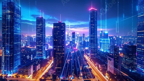 Wallpaper Mural Futuristic Cityscape at Night with Digital Lines Torontodigital.ca