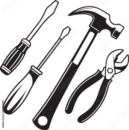 Creative handyman repair toolkit artwork showing essential DIY and household construction tools