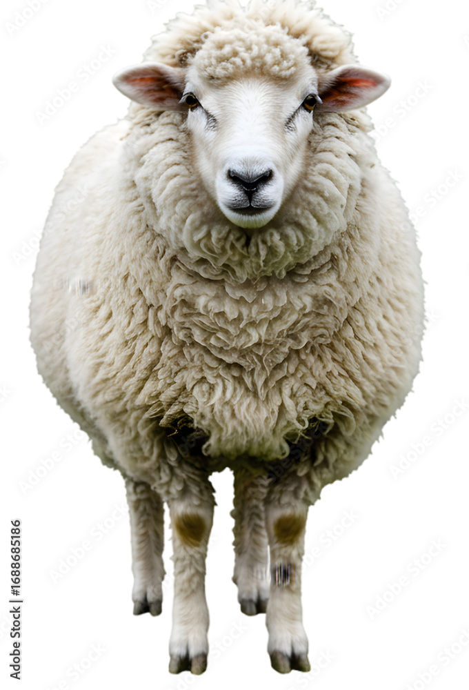 Fototapeta premium A fluffy sheep standing upright in a green pasture, with a clear blue sky in the background