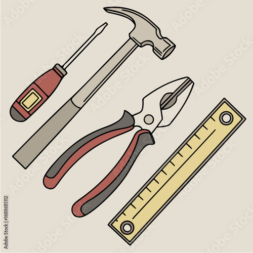 Vector illustration of hammer, pliers, and measuring scale as essential handyman and carpenter tools.