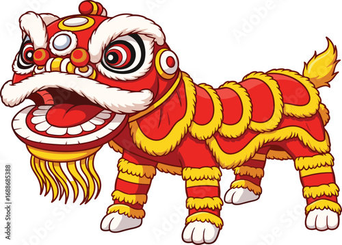 Traditional Chinese Lion Dance Costume Vector Illustration, Red and Yellow Festive Decoration, Cultural Festival Celebration Art DesignTraditional Chinese Lion Dance Costume Vector Illustration, Red 