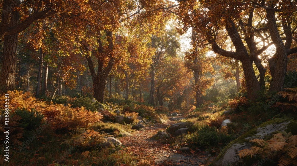 Naklejka premium A peaceful forest path during autumn showcases vibrant orange and yellow leaves. Sunlight filters through tree branches, creating a serene atmosphere filled with tranquility and natural beauty.