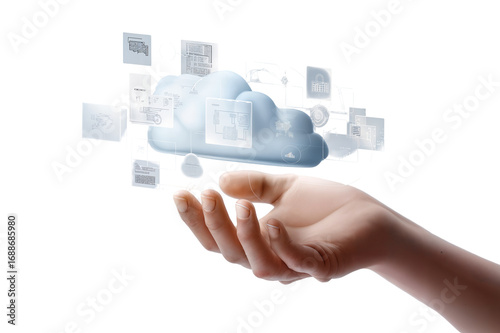 Cloud computing hand data storage network technology solutions it palm on transparent background