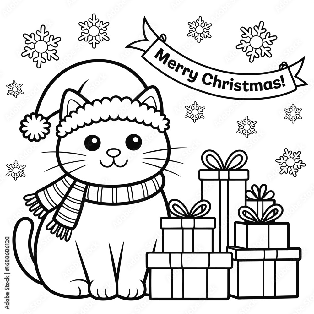 Obraz premium A cute cat wearing a Santa hat wishes happy Merry Christmas gift box coloring page for kids coloring book Print