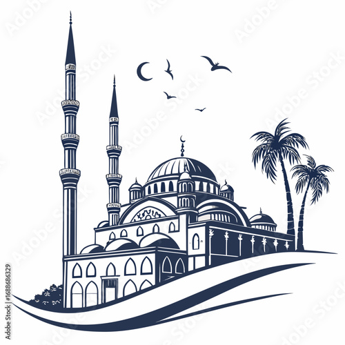 Illustration of a mosque with minarets, dome, and palm trees, set against a with a crescent moon and birds, conveying a sense of peace and spirituality