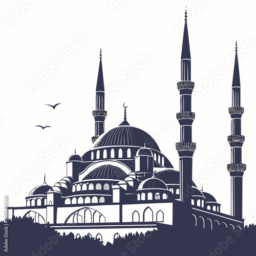Illustration of the blue mosque in istanbul, turkey, showcasing its iconic domes and minarets against a clean white backdrop, capturing the essence of islamic architecture