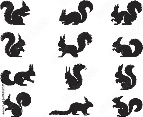 Black squirrel silhouette set, various poses, bushy tails, vector animal icons, wildlife clipart, isolated rodents, editable illustrations, design elements