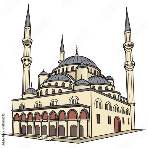 Vector art of a captivating illustration showcases the grandeur of kocatepe mosque, ankara, turkey, with its towering minarets, intricate domes, and elegant arches