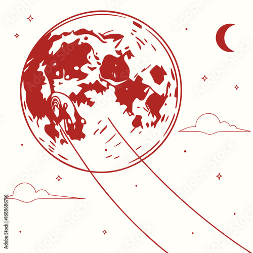 Vector art of a mesmerizing blood moon illustration with craters and celestial details, , featuring a shooting star trail, evoking a sense of wonder, mystery, and cosmic beauty