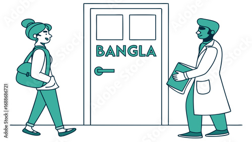Vector art of a minimalist illustration depicting a student entering a classroom labeled bangla, greeted by a teacher, symbolizing language learning and cultural education