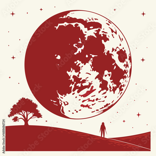 Vector art of a minimalist vector illustration depicts a blood moon rising over a silhouette of a person standing on a hill near a tree, creating a sense of solitude and wonder