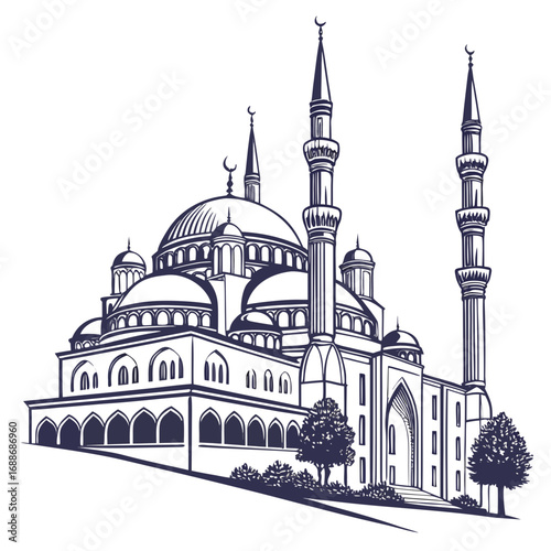 Vector art of an intricate line art illustration showcases a grand mosque with multiple domes and towering minarets, set against an, evoking a sense of architectural grandeur