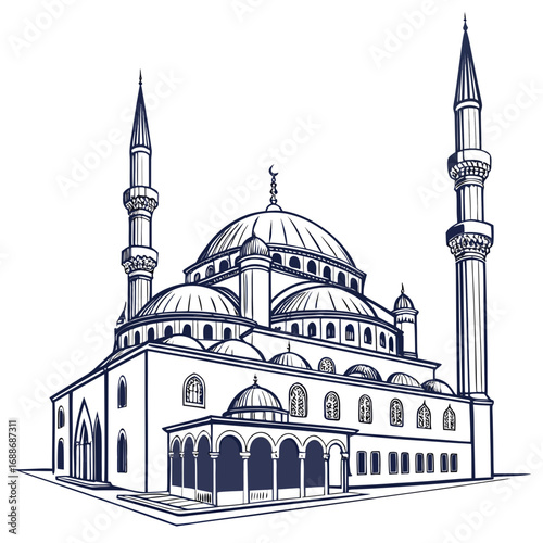 Vector art of detailed vector drawing of a grand mosque with multiple domes and minarets, showcasing intricate architectural details and a sense of grandeur