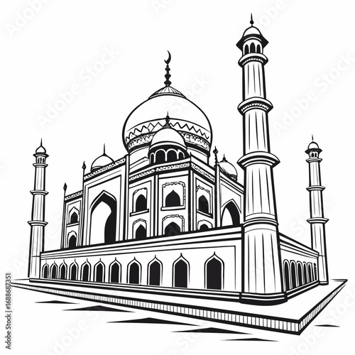 Vector art of detailed vector illustration of the taj mahal, a symbol of love and architectural marvel, the intricate design showcases the beauty and grandeur of this iconic landmark