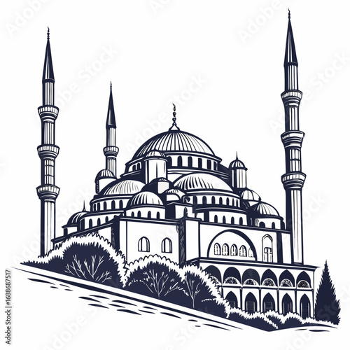 Vector art of handdrawn sketch of the blue mosque in istanbul, turkey, showcasing its iconic domes, minarets, and architectural details, a cultural landmark and historical site