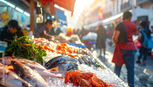Close-up of fresh fish and shrimp at a sunny market stall
