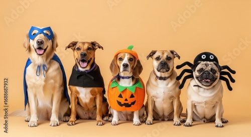 Group of cute dogs of different breeds wearing funny halloween costumes in a studio