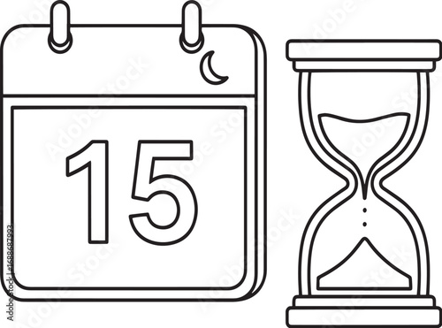 Monochrome vector illustration of a calendar showing a date and an hourglass, symbolizing the passage of time, deadlines, and schedule management