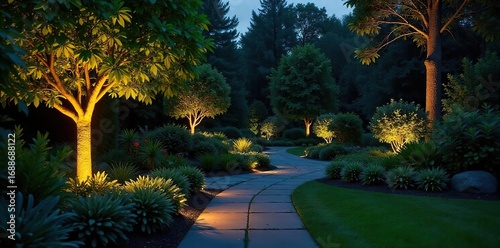 Dramatic landscape lighting illuminates a lush garden at night, highlighting the textures of plants and pathways  The warm glow creates a serene and inviting atmosphere ,  spotlights,  shrubs