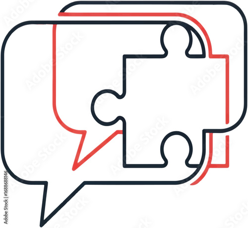 Modern thin line icon depicting communication as the key to solving problems, with a jigsaw piece inside overlapping chat bubbles